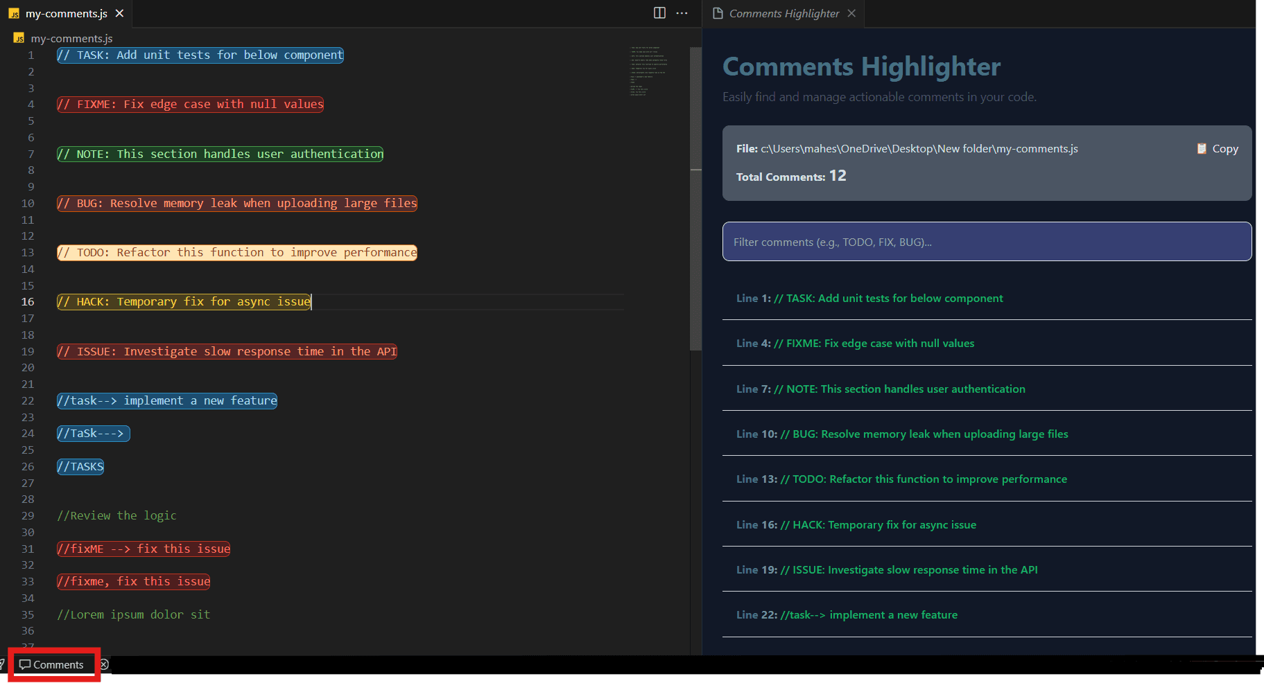 Dev Tools: VS Code Extension | Comments Highlighter